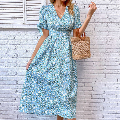 A-Line Floral Midi Dress with V-Neck and Tie Sleeves