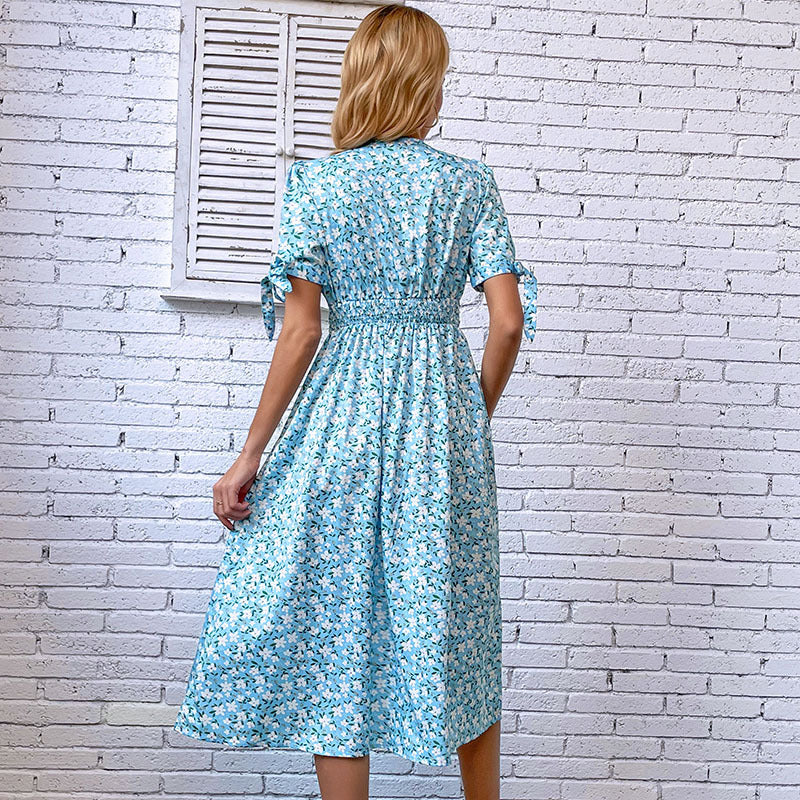 A-Line Floral Midi Dress with V-Neck and Tie Sleeves