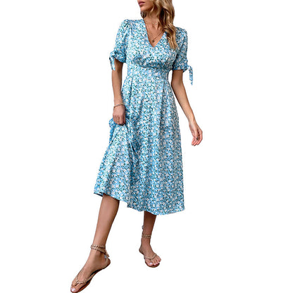 A-Line Floral Midi Dress with V-Neck and Tie Sleeves