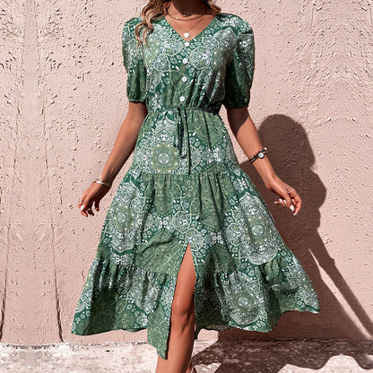 Paisley Print Tiered Midi Dress with V-Neck and Front Slit