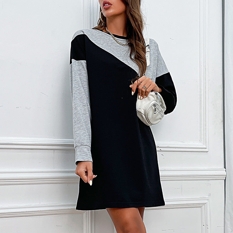 Color-Blocked Loose Sweatshirt Dress with Crewneck