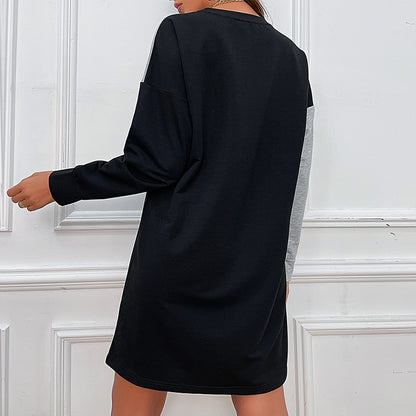 Color-Blocked Loose Sweatshirt Dress with Crewneck
