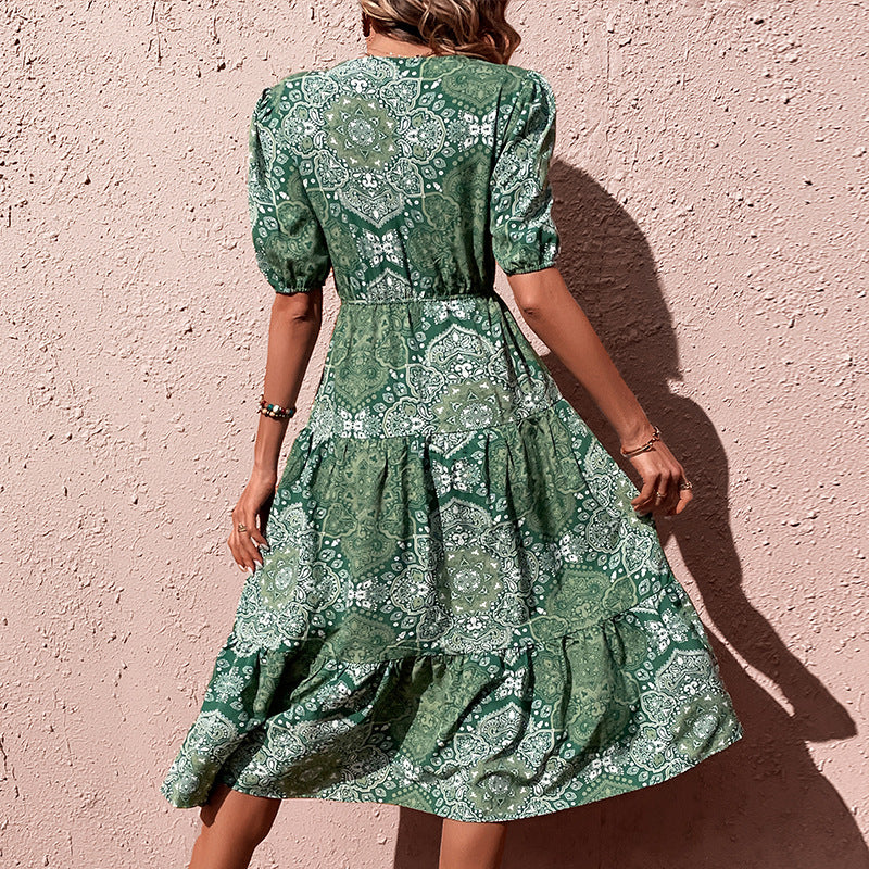 Paisley Print Tiered Midi Dress with V-Neck and Front Slit