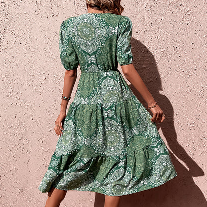 Paisley Print Tiered Midi Dress with V-Neck and Front Slit