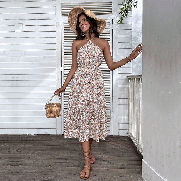 Floral A-Line Midi Dress with Halter Neck and Tiered Skirt