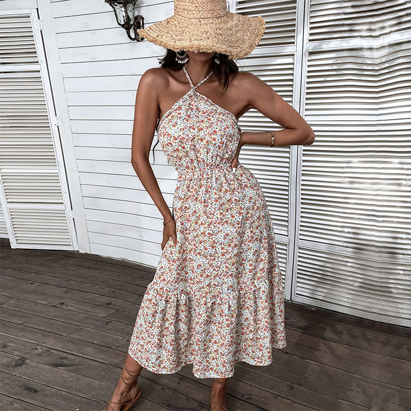 Floral A-Line Midi Dress with Halter Neck and Tiered Skirt