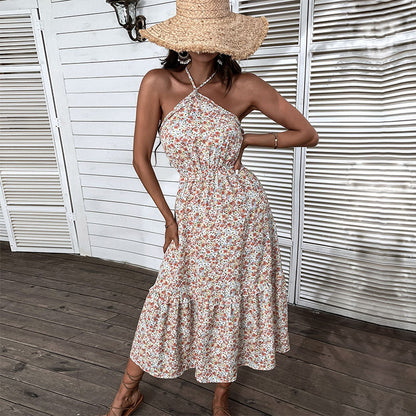 Floral A-Line Midi Dress with Halter Neck and Tiered Skirt