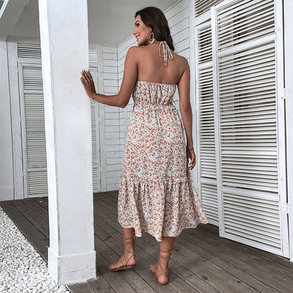 Floral A-Line Midi Dress with Halter Neck and Tiered Skirt