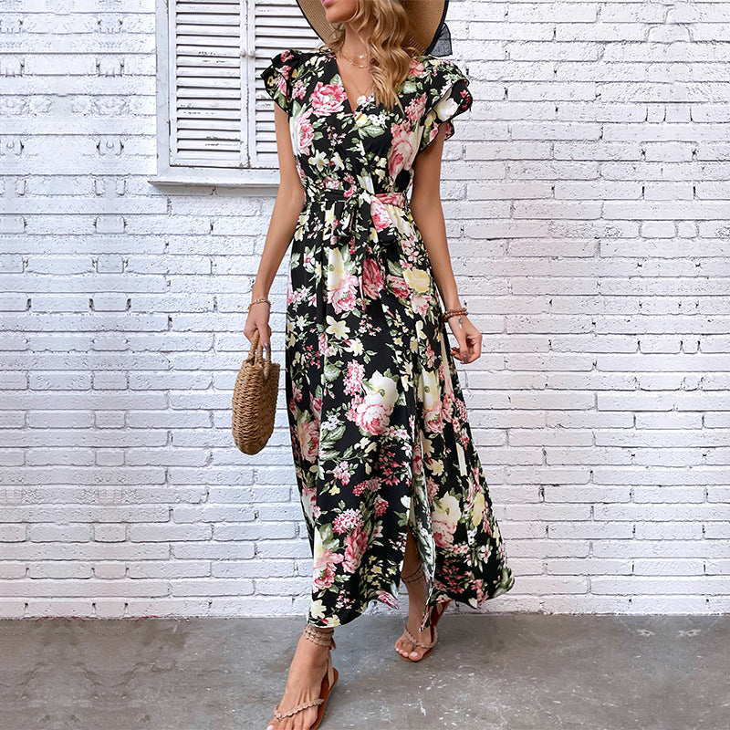 Floral Maxi Dress with V-Neck, Ruffle Sleeves and Slit