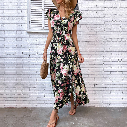 Floral Maxi Dress with V-Neck, Ruffle Sleeves and Slit