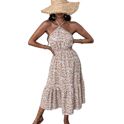 Floral A-Line Midi Dress with Halter Neck and Tiered Skirt