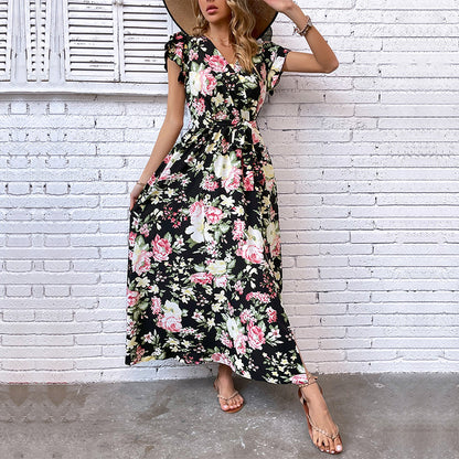 Floral Maxi Dress with V-Neck, Ruffle Sleeves and Slit
