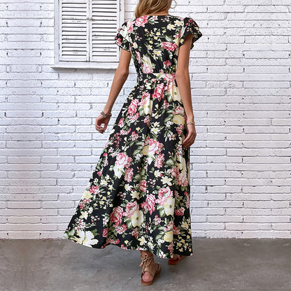 Floral Maxi Dress with V-Neck, Ruffle Sleeves and Slit