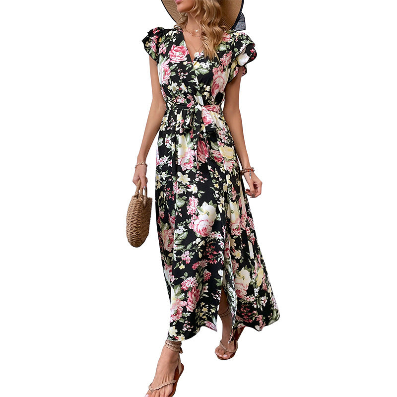 Floral Maxi Dress with V-Neck, Ruffle Sleeves and Slit