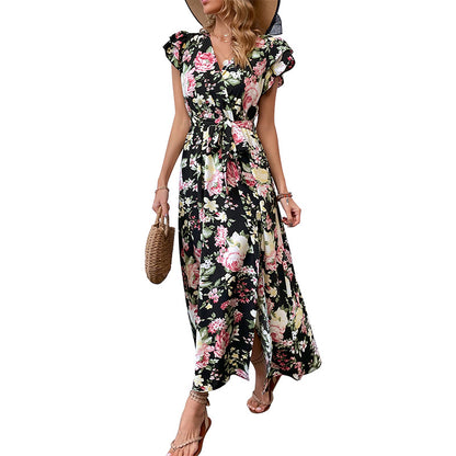 Floral Maxi Dress with V-Neck, Ruffle Sleeves and Slit