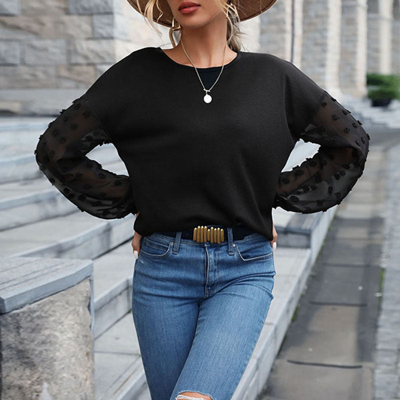 Loose Crewneck Top with Swiss Dot Lace Sleeves