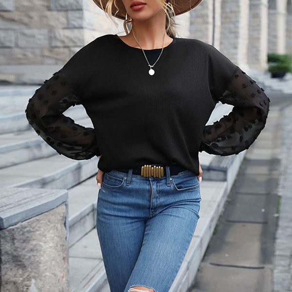 Loose Crewneck Top with Swiss Dot Lace Sleeves