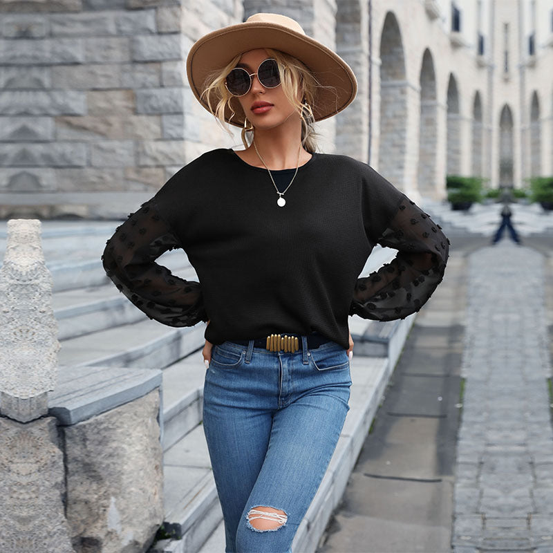 Loose Crewneck Top with Swiss Dot Lace Sleeves