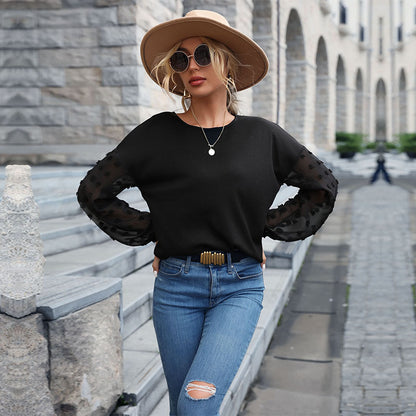 Loose Crewneck Top with Swiss Dot Lace Sleeves