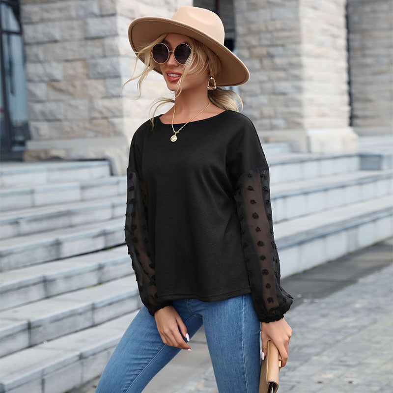 Loose Crewneck Top with Swiss Dot Lace Sleeves