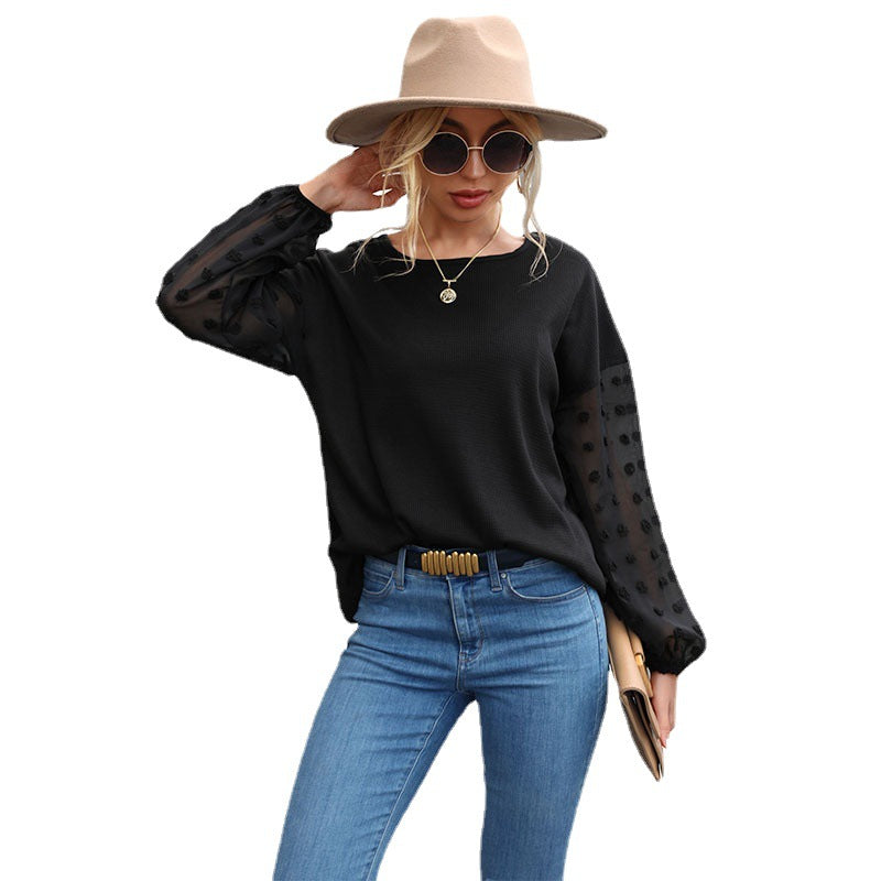 Loose Crewneck Top with Swiss Dot Lace Sleeves