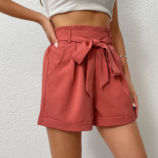 High-Waist Paperbag Shorts with Tie Belt and Cuffed Hem