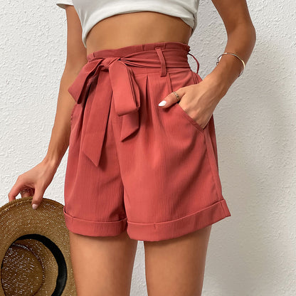 High-Waist Paperbag Shorts with Tie Belt and Cuffed Hem