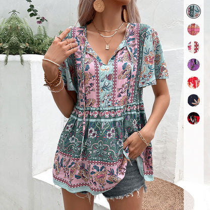 Bohemian Floral Print Tunic with Tie V-Neck and Flutter Sleeves