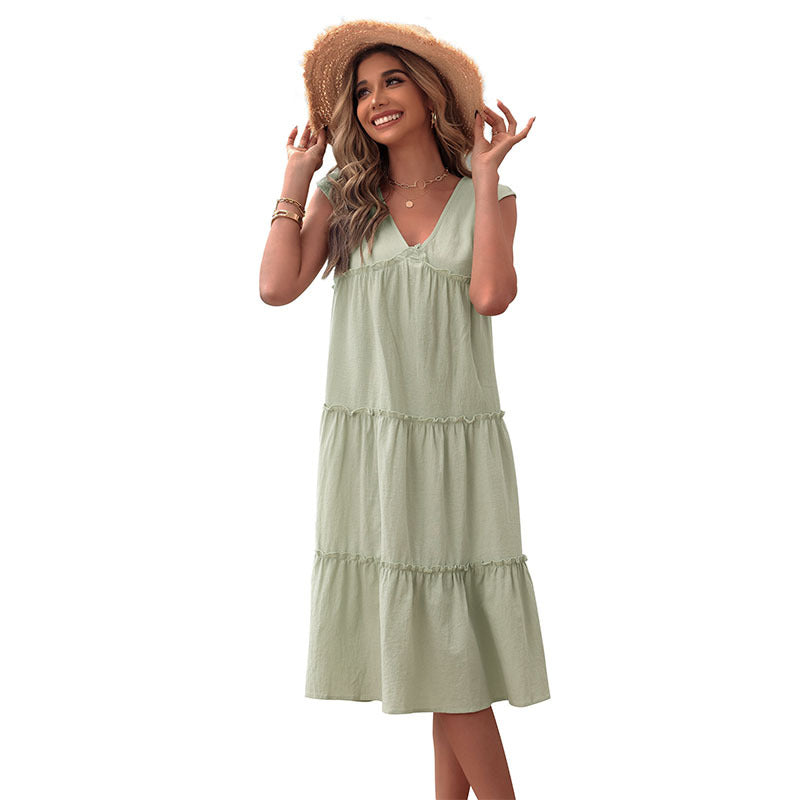 Tiered A-Line Midi Dress with V-Neck and Sleeveless Design