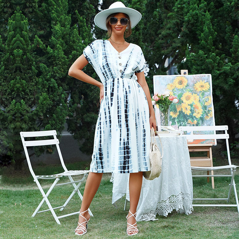 Tie-Dye A-Line Midi Dress with V-Neck and Button Detail