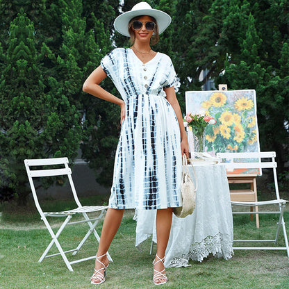 Tie-Dye A-Line Midi Dress with V-Neck and Button Detail