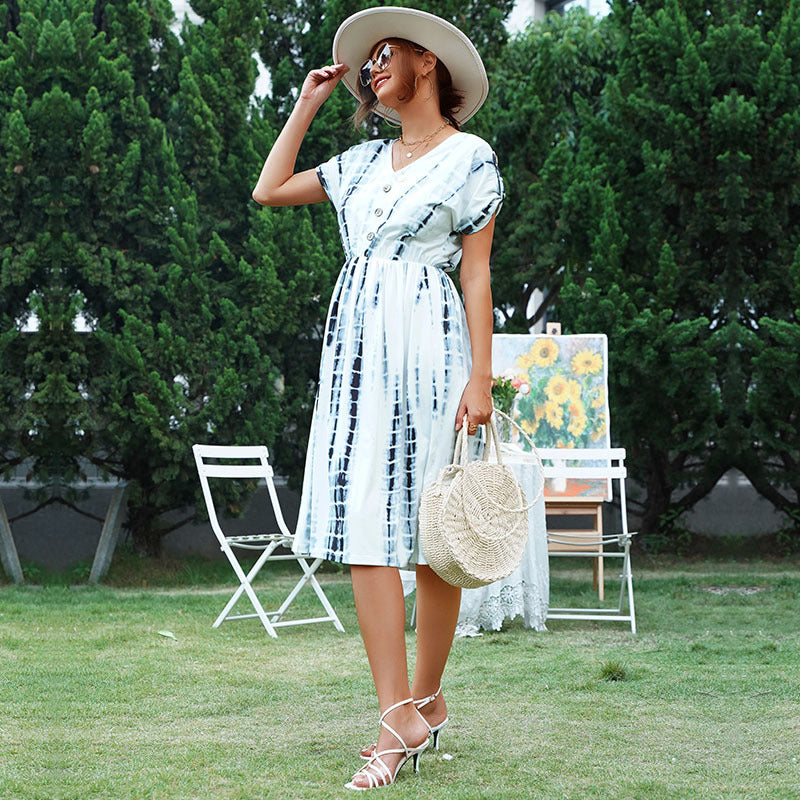 Tie-Dye A-Line Midi Dress with V-Neck and Button Detail