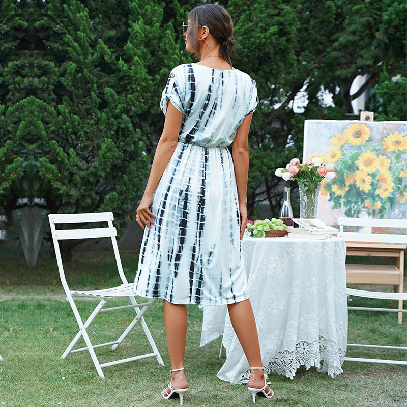 Tie-Dye A-Line Midi Dress with V-Neck and Button Detail