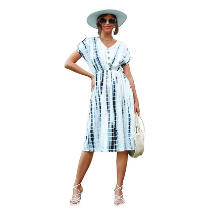 Tie-Dye A-Line Midi Dress with V-Neck and Button Detail
