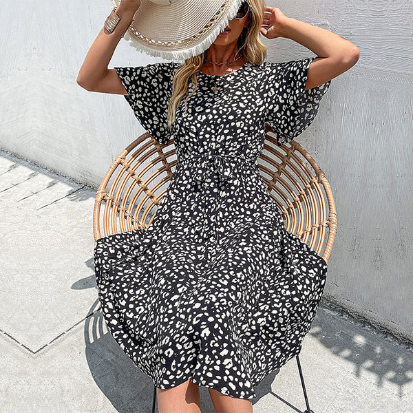 Leopard Print A-Line Midi Dress with Flutter Sleeves and Tie-Waist