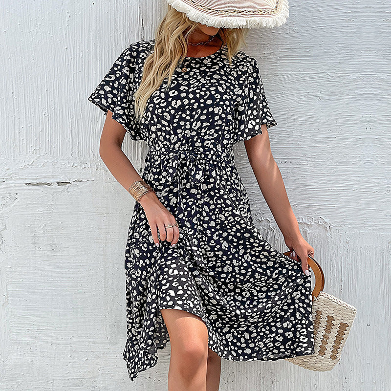 Leopard Print A-Line Midi Dress with Flutter Sleeves and Tie-Waist
