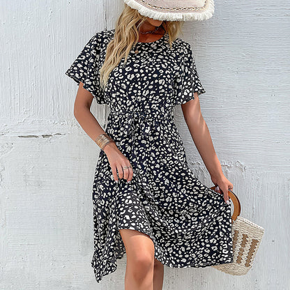 Leopard Print A-Line Midi Dress with Flutter Sleeves and Tie-Waist