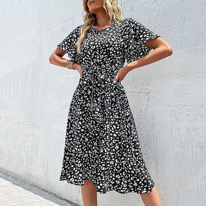 Leopard Print A-Line Midi Dress with Flutter Sleeves and Tie-Waist