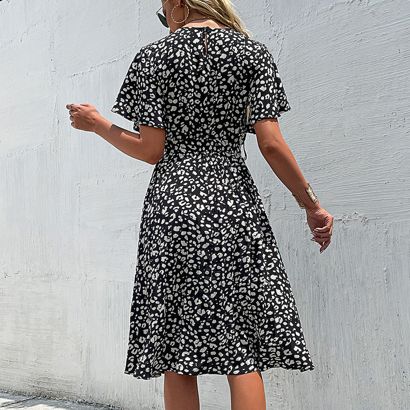 Leopard Print A-Line Midi Dress with Flutter Sleeves and Tie-Waist