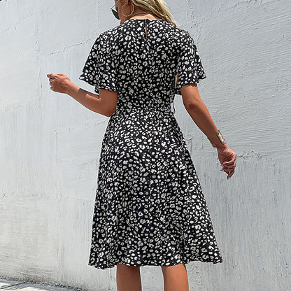 Leopard Print A-Line Midi Dress with Flutter Sleeves and Tie-Waist