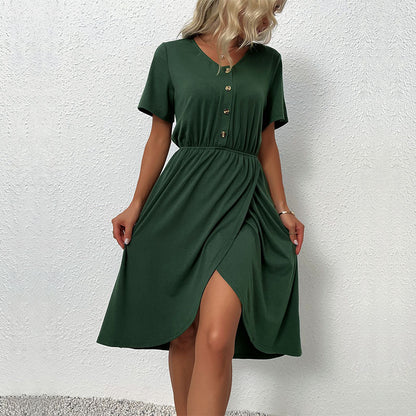 Solid Midi Dress with V-Neck, Elastic Waist, and Wrap Slit