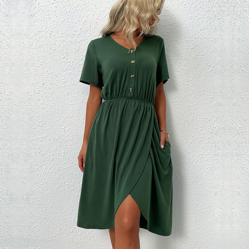 Solid Midi Dress with V-Neck, Elastic Waist, and Wrap Slit