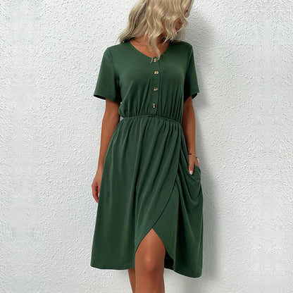 Solid Midi Dress with V-Neck, Elastic Waist, and Wrap Slit