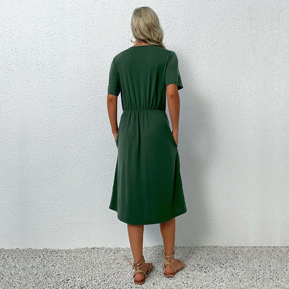 Solid Midi Dress with V-Neck, Elastic Waist, and Wrap Slit