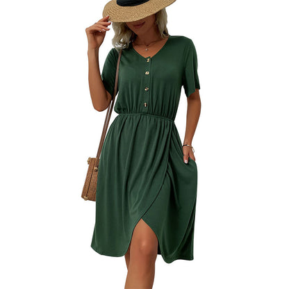 Solid Midi Dress with V-Neck, Elastic Waist, and Wrap Slit