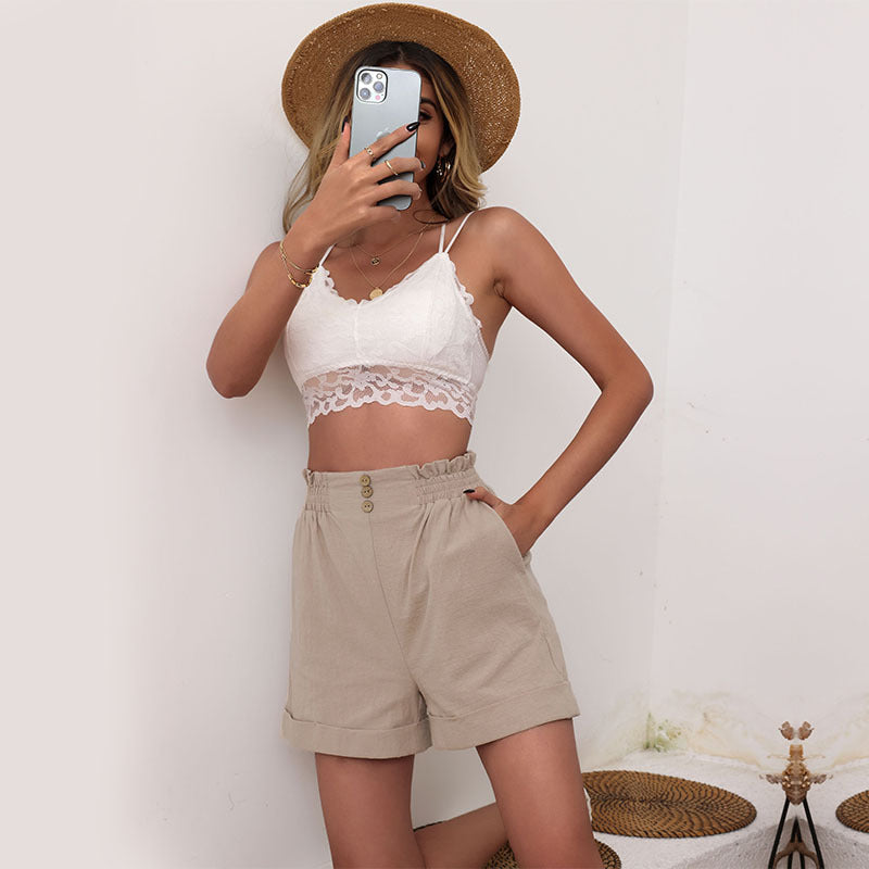 Wide-Leg Paperbag Shorts with Button Detail and Cuffed Hem
