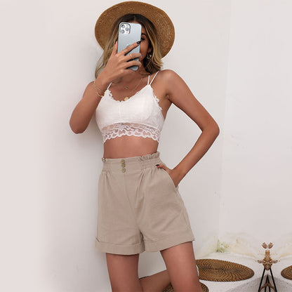 Wide-Leg Paperbag Shorts with Button Detail and Cuffed Hem