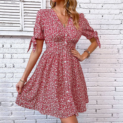 Floral A-Line Dress with V-Neck, Button Front, and Tie Sleeves