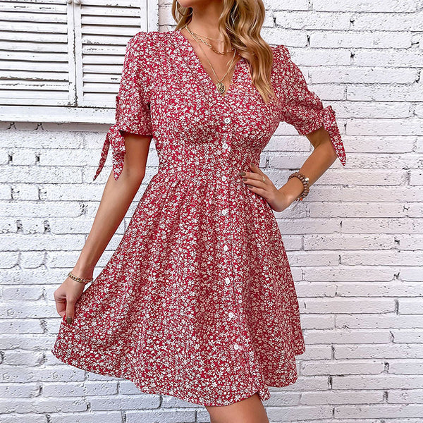 Floral A-Line Dress with V-Neck, Button Front, and Tie Sleeves