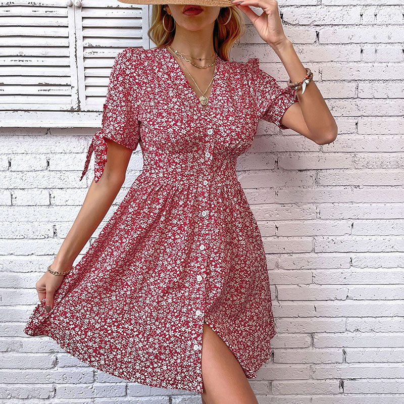Floral A-Line Dress with V-Neck, Button Front, and Tie Sleeves